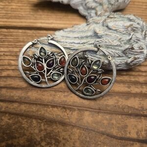 Silver Tree of Life Earrings with Multi-Colored Stones